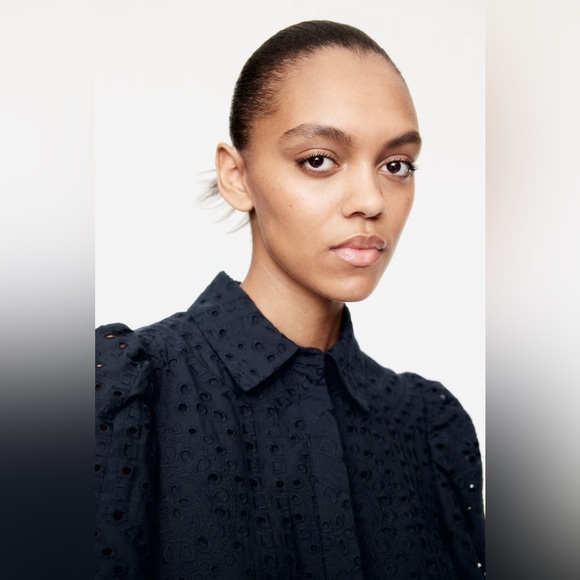 NWT Cotton Navy Blue Eyelet Lace Shortsleeve Button Down Midi Modest Dress Sz M - Picture 3 of 16